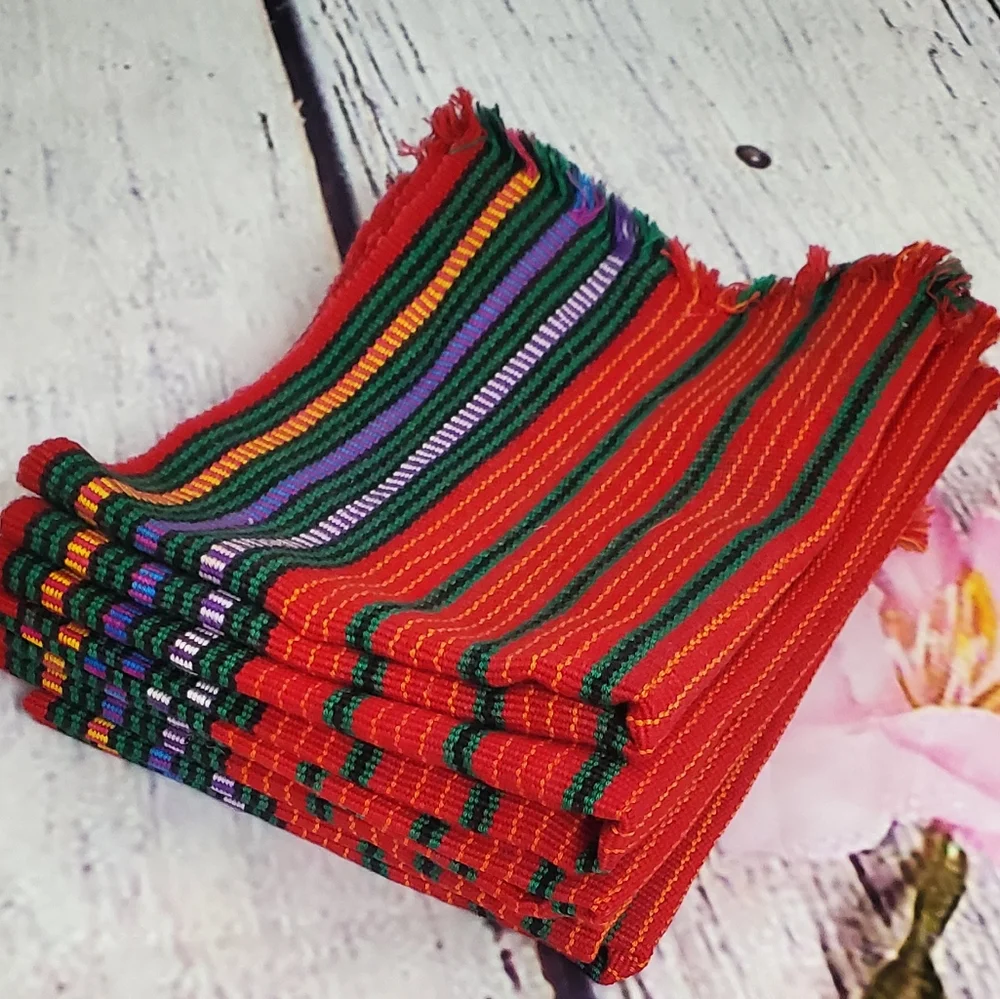 6 Woven Red Stripe Multicolor Rectangular Placemats.